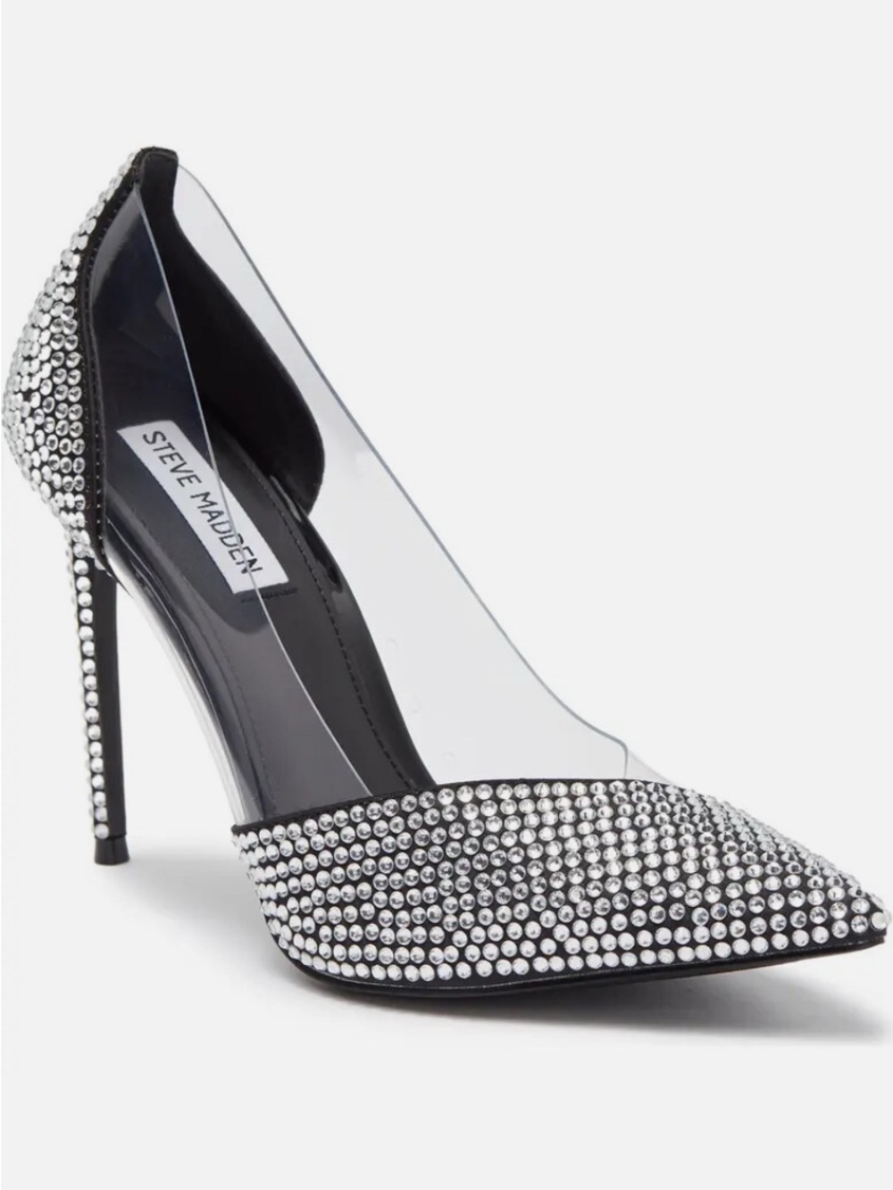 Steve Madden Lili Black/Silver Rhinestone Pointed Pumps with Clear Sides